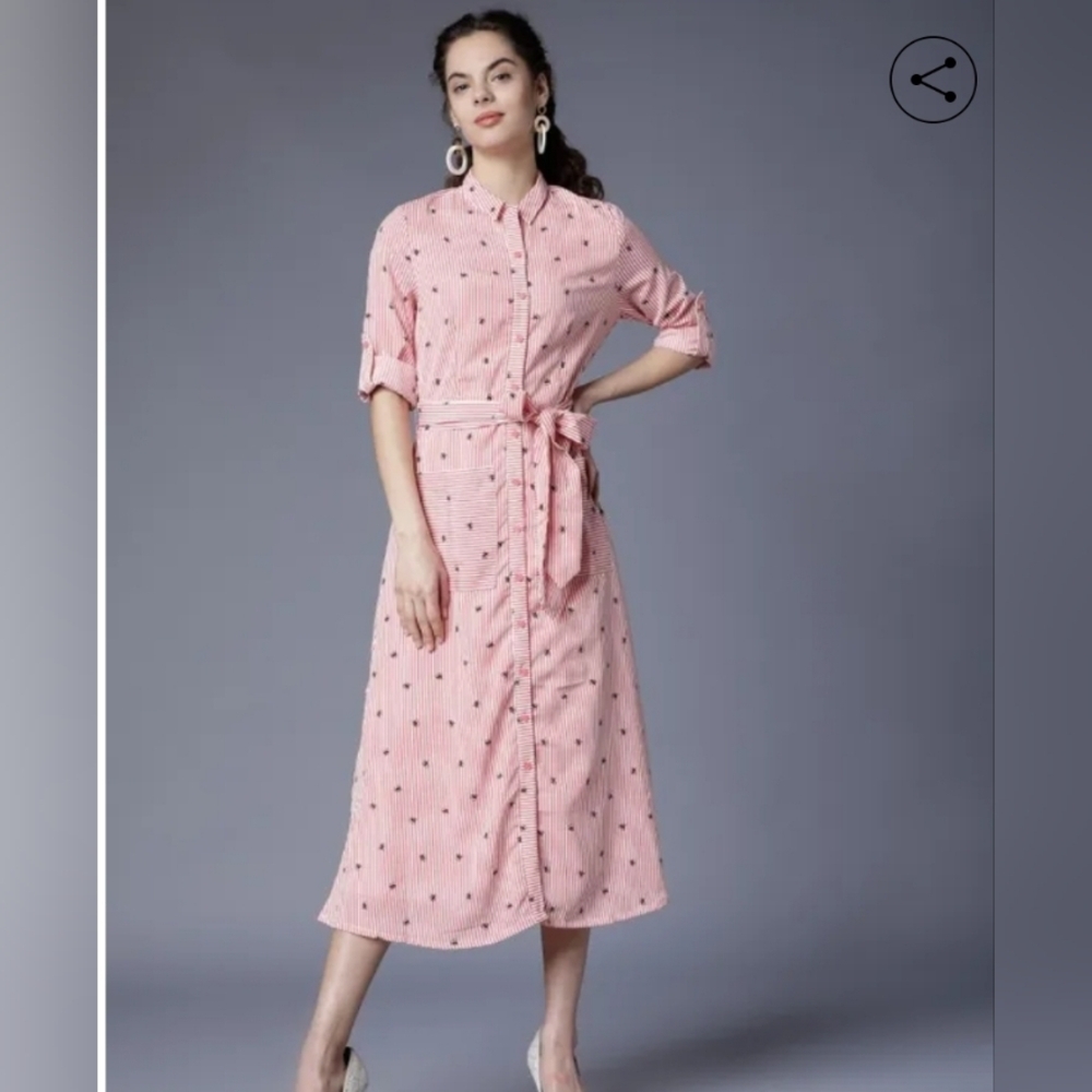 Tokyo Talkies Urban Red and White Striped Floral Print Shirt Dress Large (4846)